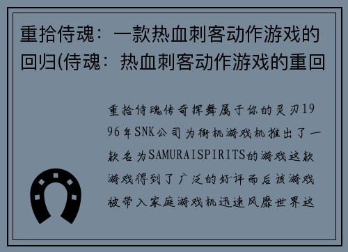 重拾侍魂：一款热血刺客动作游戏的回归(侍魂：热血刺客动作游戏的重回之路)